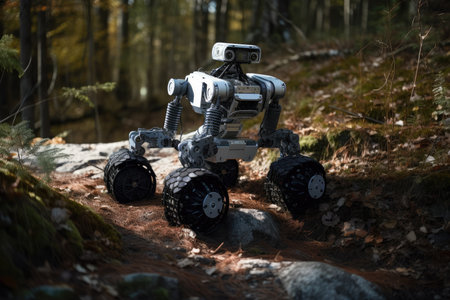 robot, with its simulated environment and surroundings, programmed for navigation of unknown terrain, created with generative aiの素材