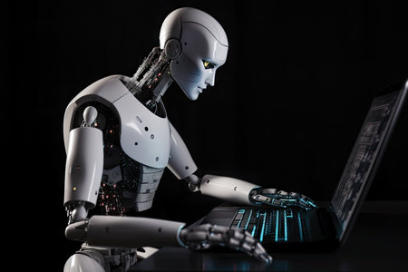 robot, executing code from different programming languages on a computer screen, created with generative aiの素材