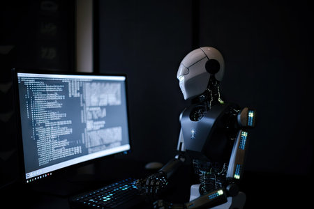 robot, executing code from different programming languages on a computer screen, created with generative aiの素材
