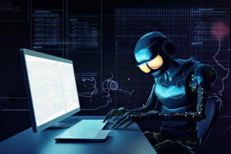 programmer, meticulously tweaking the code for sophisticated robots advanced functions, created with generative aiの素材