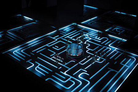 robot running simple program to navigate maze, with virtual maze projected onto its screen, created with generative aiの素材