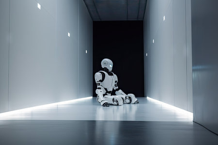 robot, equipped with advanced artificial intelligence, and interacting with complex virtual environment, created with generative aiの素材