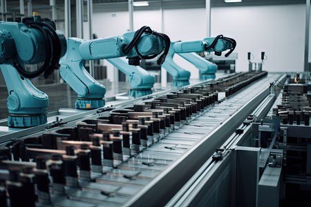 production line, with robots performing various tasks in sequence, created with generative aiの素材