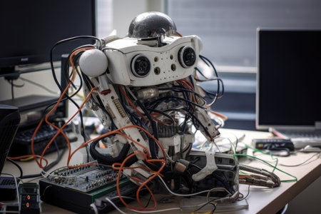 a robot scebe, with wires and cables running from its various sensors to a desktop computer, created with generative aiの素材