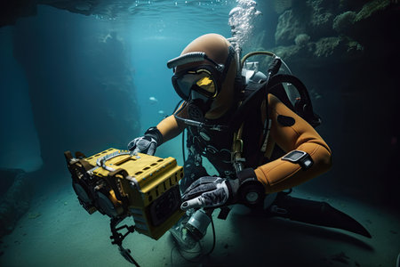 person, programming robot for dangerous underwater mission, created with generative aiの素材