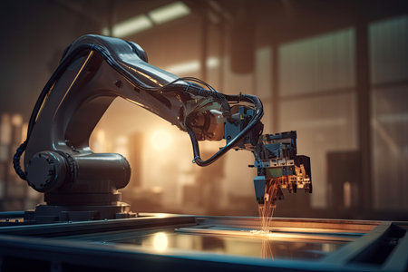 robotic arm performing precise assembly of delicate circuit board, created with generative aiの素材