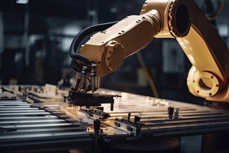 robotic arm preparing to attach final component of a product on assembly line, created with generative aiの素材