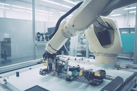 robotic arm assembling medical device on assembly line, created with generative aiの素材