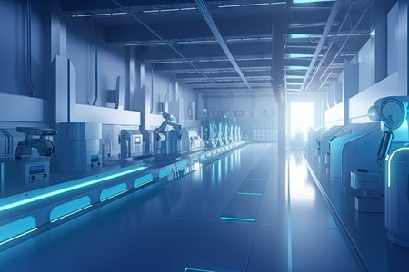 view of futuristic factory with robotic assembly lines and advanced technology, created with generative aiの素材