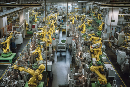 a factory, with dozens of robotic arms assembling products on different assembly lines, created with generative aiの素材