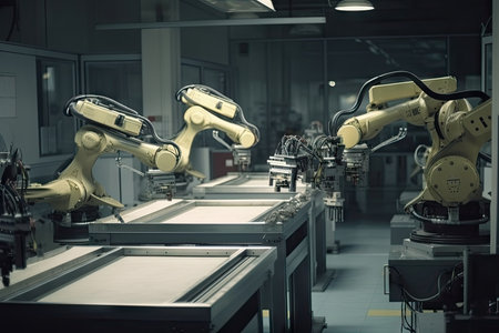 assembly line of robotic arms, each with its own unique toolkit, building complex machine, created with generative aiの素材