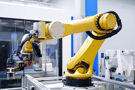 robotic arm assembling complex device in futuristic factory, created with generative aiの素材