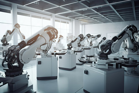 diverse range of robotic arms assembling a variety of different products on the assembly line, created with generative aiの素材