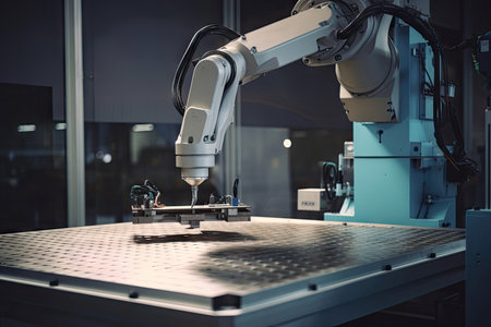 robot, performing precise and delicate assembly operation in high-tech environment, created with generative aiの素材