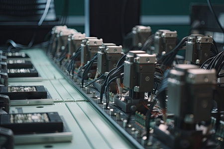 rows of robotic arms, performing precise assembly tasks on circuit boards, created with generative aiの素材