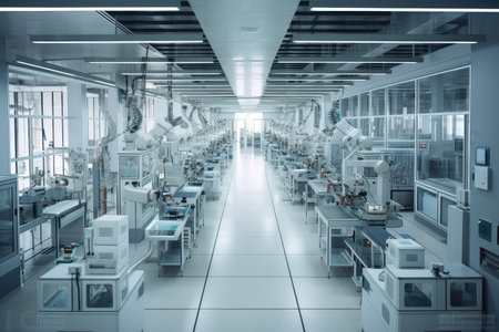 high-tech factory, with robotic arms assembling intricate devices and components, created with generative aiの素材