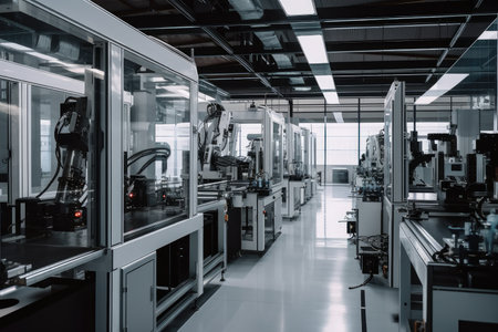 high-tech factory, with robotic arms assembling intricate devices and components, created with generative aiの素材