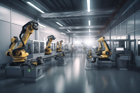 high-tech factory, with robotic arms assembling intricate devices and components, created with generative aiの素材