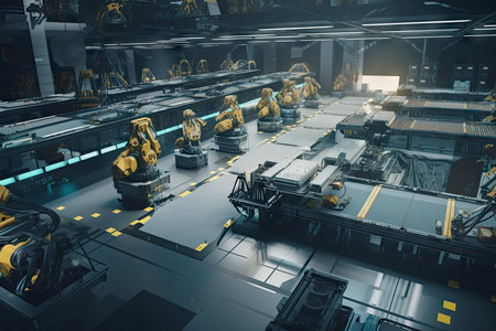 futuristic assembly line, with floating robotic arms and drones assembling intricate devices, created with generative aiの素材