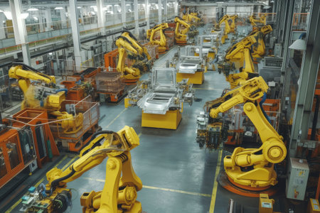 factory floor filled with robotic assembly lines, building complex machinery, created with generative aiの素材