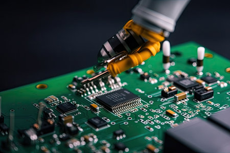 robotic arm grabbing screwdriver and installing screws on circuit board, created with generative aiの素材