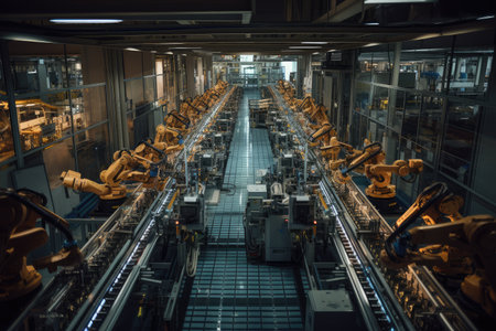factory floor teeming with robotic assembly lines, producing high-tech devices, created with generative aiの素材