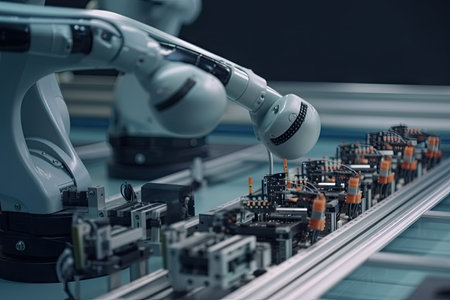 robotic hand assembling precision parts in assembly line, created with generative aiの素材