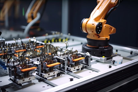 robotic hand assembling precision parts in assembly line, created with generative aiの素材
