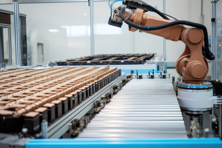 robotic assembly line with multiple stages of production, from raw materials to finished product, created with generative aiの素材