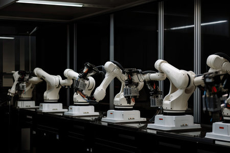 array of robotic arms, each one performing a different task on assembly line, created with generative aiの素材