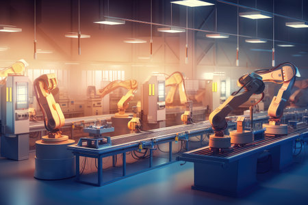 automated assembly line, with robotic arms and lights flashing, putting together complex device, created with generative aiの素材