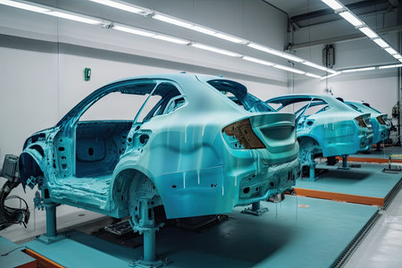 high-tech painting and coating system with multiple robotic arms inspecting and applying paint to car, created with generative aiの素材