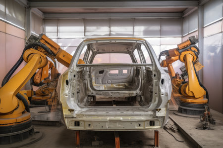 robotic painting and coating system, with multiple arm robots working on the same vehicle, created with generative aiの素材