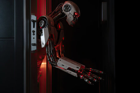 robotic hand reaching out to open door, with safety system visible in the form of red light, created with generative aiの素材