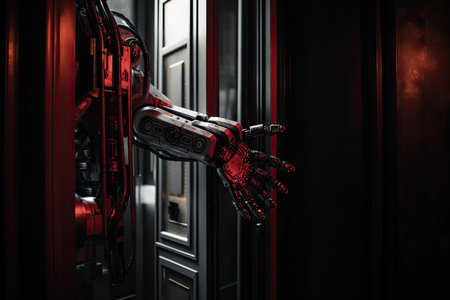 robotic hand reaching out to open door, with safety system visible in the form of red light, created with generative aiの素材