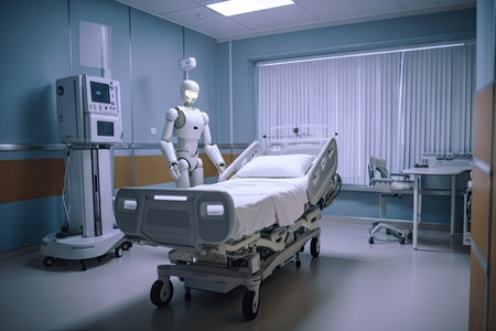 robot in sterile hospital environment, with the ability to navigate complex medical settings and provide life-saving assistance, created with generative aiの素材