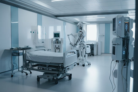 robot in sterile hospital environment, with the ability to navigate complex medical settings and provide life-saving assistance, created with generative aiの素材