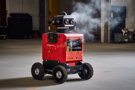 robot, outfitted with heat sensors and fire extinguisher to prevent fires from spreading, created with generative aiの素材