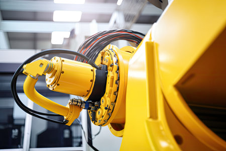 close-up of robotic arm grasping metal pipe, with safety features and systems visible, created with generative aiの素材