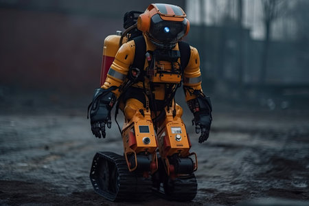 high-tech robotic firefighter, equipped with advanced sensors and gadgets for rescue operations, created with generative aiの素材