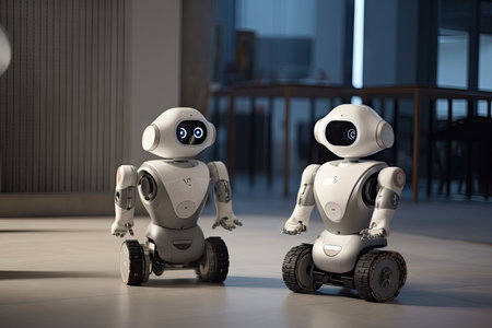 two robots, one with sensors and other safety features and the other without, interacting in a shared space, created with generative aiの素材