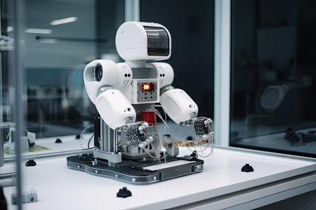 robot, with safety control panel and emergency stop button, in laboratory setting, created with generative aiの素材
