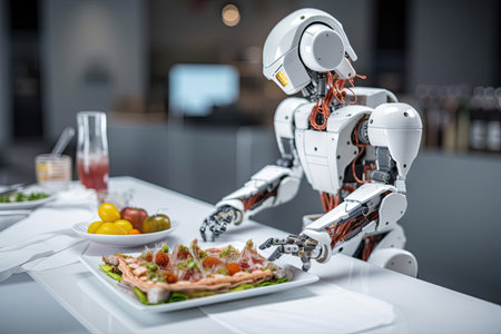 robot chef, preparing plate of delicious food with precise and efficient movements, created with generative aiの素材