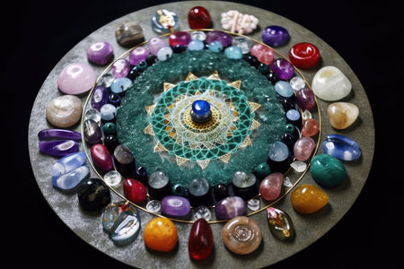 mandala made of crystals and stones, with their sacred and healing energies, created with generative aiの素材