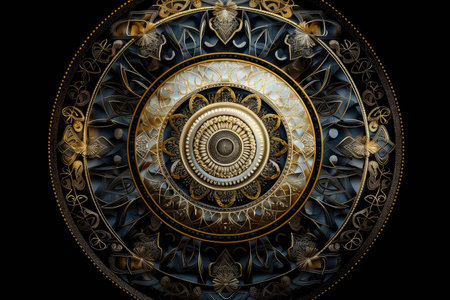 mandala depicting sacred geometry with gold and silver metallic accents, created with generative aiの素材