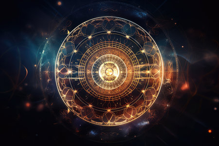 mandala of rays of light shining down into the darkness, with sacred geometry and numbers visible in the light, created with generative aiの素材