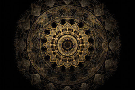 sacred geometry mandala with intricate patterns and shapes on black background, created with generative aiの素材