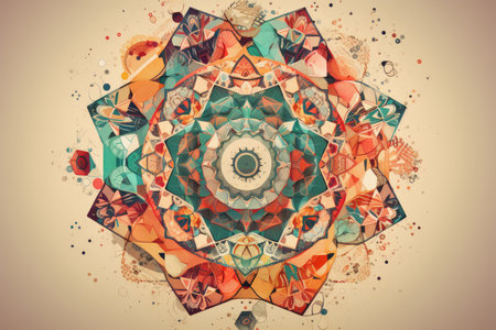 mandala made of geometric shapes and patterns, including hexagons, triangles and circles, created with generative aiの素材