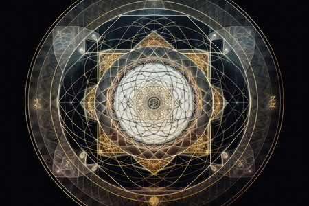 mandala surrounded by sacred geometry, with golden ratio and divine proportions visible, created with generative aiの素材