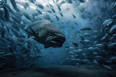 sea monster swimming among schools of fish in tranquil underwater environment, created with generative aiの素材